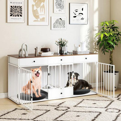 Dog Crate Furniture Indoor Modern Dog Kennel with Divider 3 Drawers and Pull-out Feeder-White