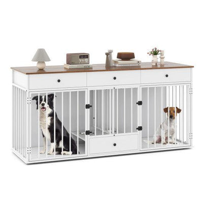 Dog Crate Furniture Indoor Modern Dog Kennel with Divider 3 Drawers and Pull-out Feeder-White