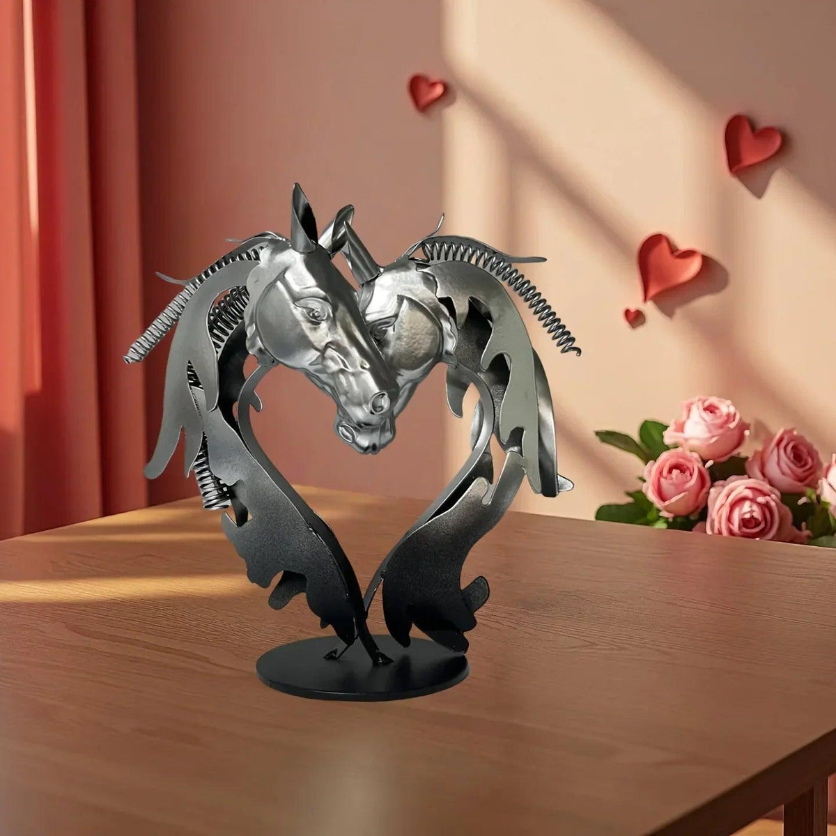 Double Horse Head Heart Metal Sculpture Romantic Gift for Horse Lovers