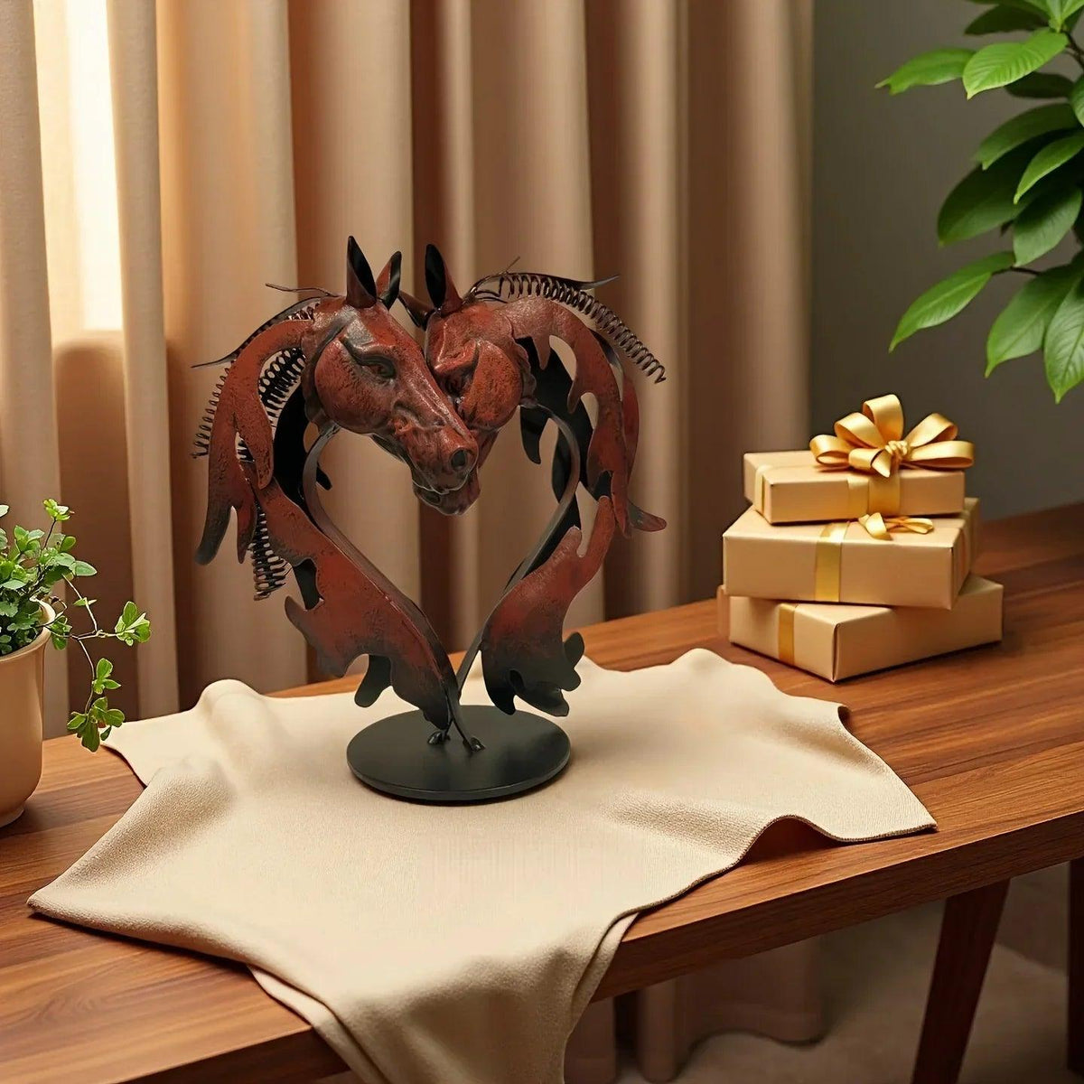Double Horse Head Heart Metal Sculpture Romantic Gift for Horse Lovers