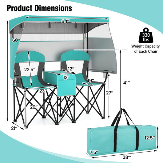 Double Beach Chair with Adjustable Canopy and 3 -Side Shading Curtains-Turquoise