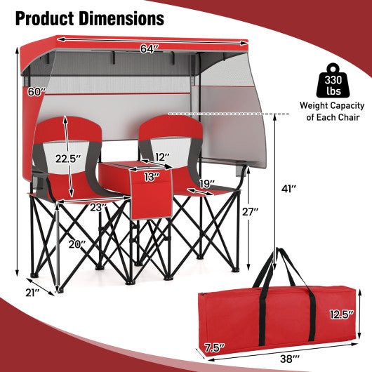 Double Beach Chair with Adjustable Canopy and 3 -Side Shading Curtains-Red