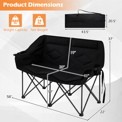 Double Camping Chair with Cup Holders Glass Racks and Mesh Pockets-Black