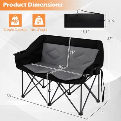 Double Camping Chair with Cup Holders Glass Racks and Mesh Pockets-DarkGray