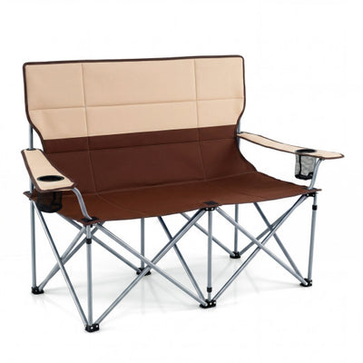 Double Camping Chair with Carry Bag Cup Holders-Brown