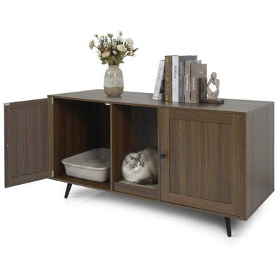 Double Cat Litter Box Enclosure for 2 Cats with Scratching Pad and Double Rooms-Walnut