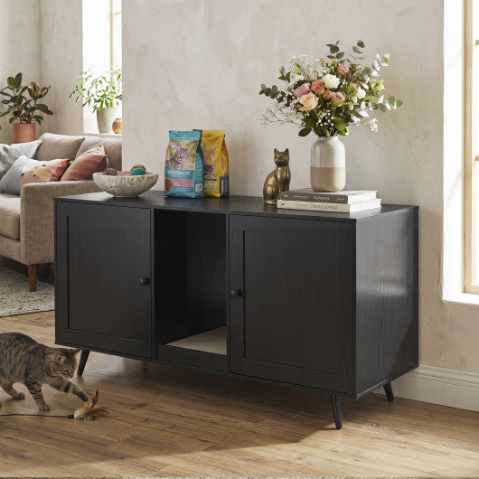 Double Cat Litter Box Enclosure for 2 Cats with Scratching Pad and Double Rooms-Black