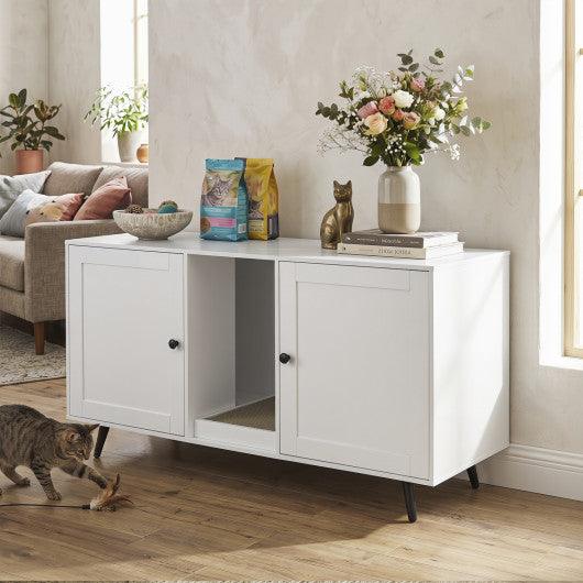 Double Cat Litter Box Enclosure for 2 Cats with Scratching Pad and Double Rooms-White