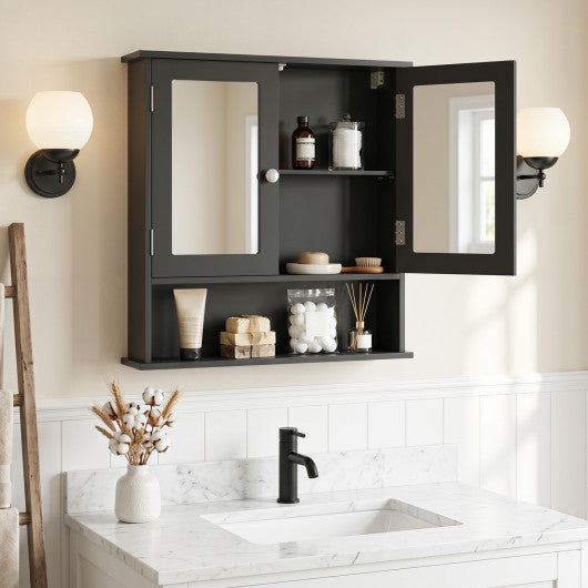 Double Door Wall-Mounted Bathroom Mirror Cabinet with Storage Shelf-Black
