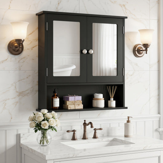 Double Door Wall-Mounted Bathroom Mirror Cabinet with Storage Shelf-Black