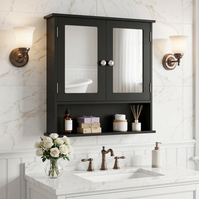 Double Door Wall-Mounted Bathroom Mirror Cabinet with Storage Shelf-Black