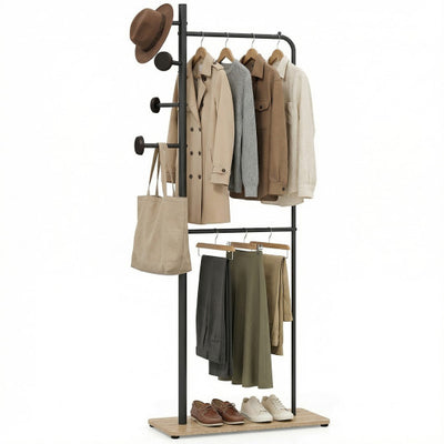 Double Rods Clothes Hanging Rack with Rubber Wood Hooks