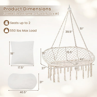 Double Swing Chair with Cushions Macrame Hanging Hammock Chair for Indoor and Outdoor Use-Beige