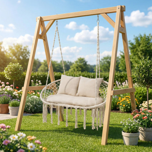 Double Swing Chair with Cushions Macrame Hanging Hammock Chair for Indoor and Outdoor Use-Beige