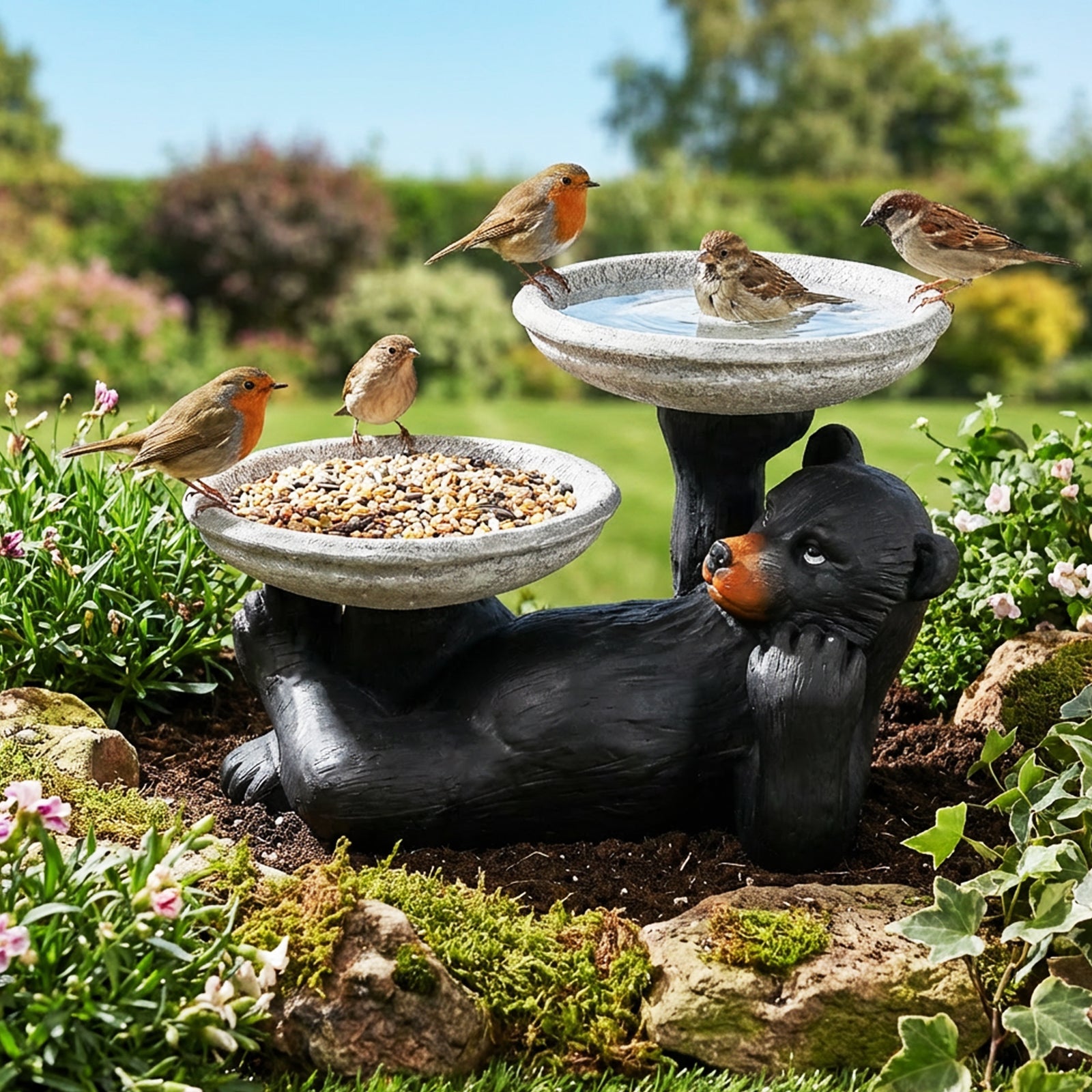 Concrete Bird Feeder with Bird Bath Bear 15 Inch