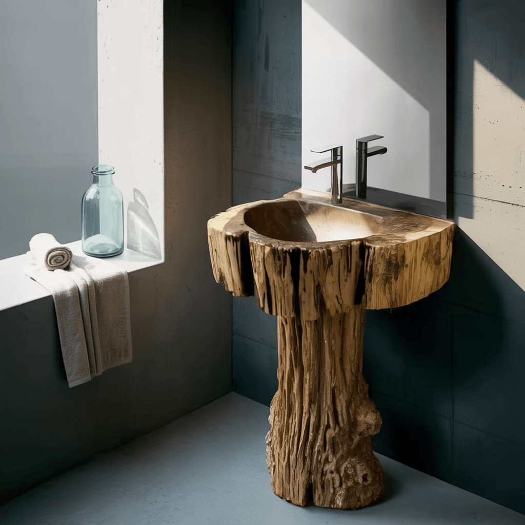 Driftwood Rustic Hand-Sculpted Solid Wood Pedestal Bathroom Sink
