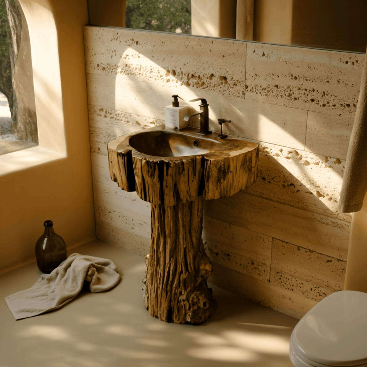 Driftwood Rustic Hand-Sculpted Solid Wood Pedestal Bathroom Sink