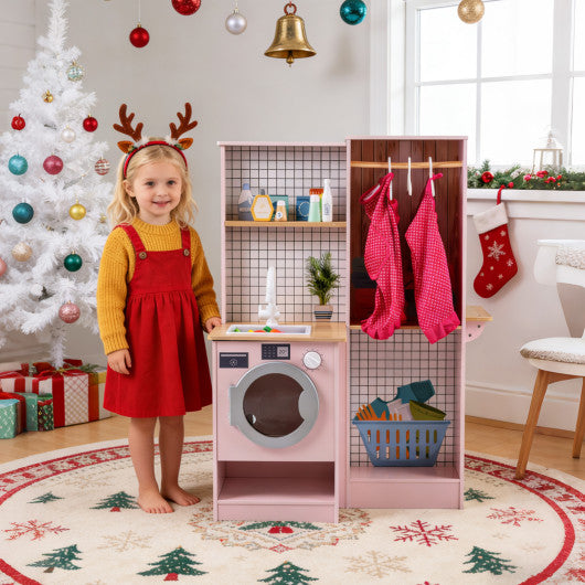 Dual-Sided Kids Play Kitchen with Water Dispenser and Range Hood for 3+ Years Old-Pink