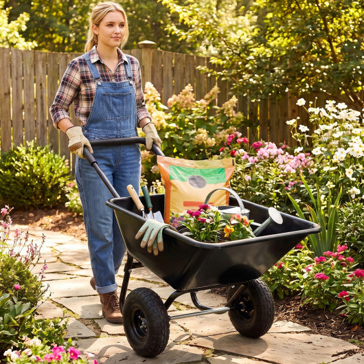 Dual-Wheel Wheelbarrow Garden Utility Cart with Pneumatic Tires-Black