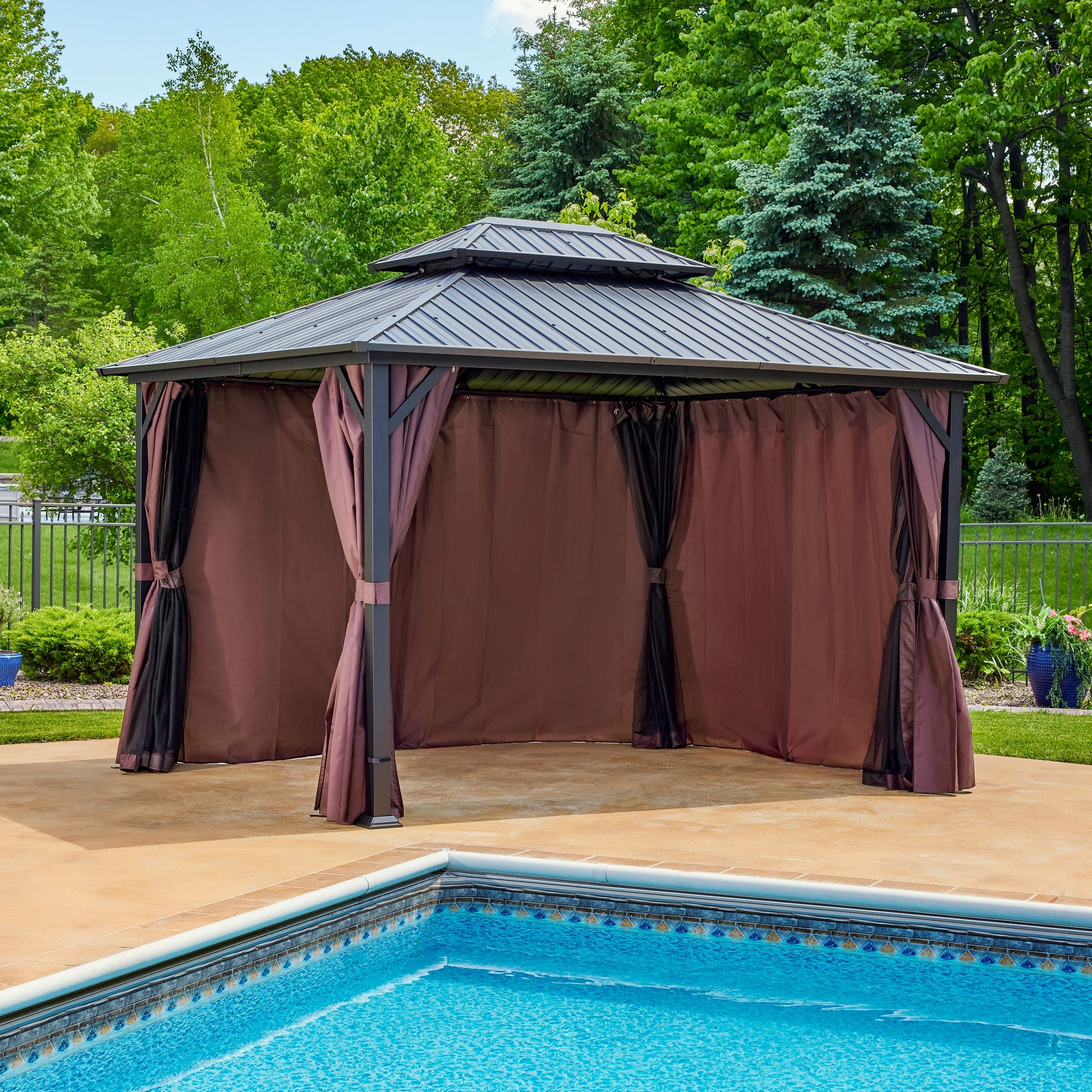 Shade N' Shelters 10' x 10' Duncan / McKinley Hardtop Gazebo Privacy Curtain with Hooks