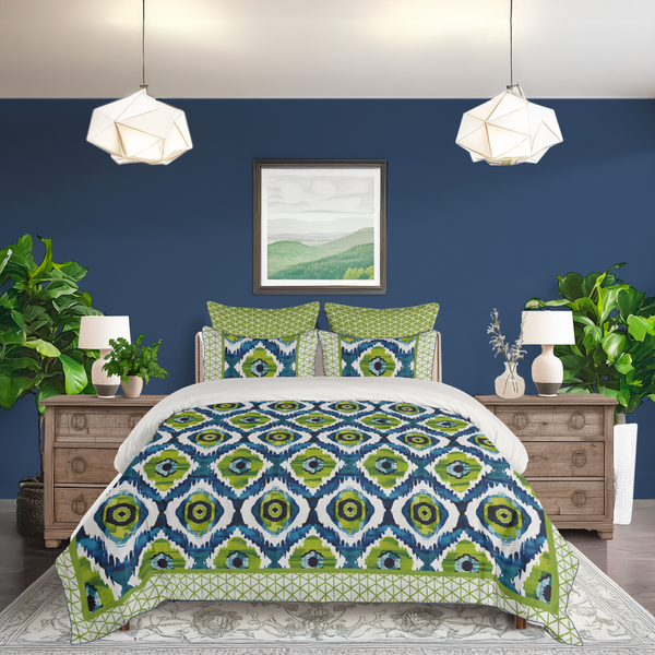 5 Piece Cotton Duvet Cover Set | Ikat Fusion - Vivid Green and Navy Blues