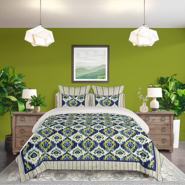 5 Piece Cotton Duvet Cover Set | Ikat Fusion - Vivid Green and Navy Blues
