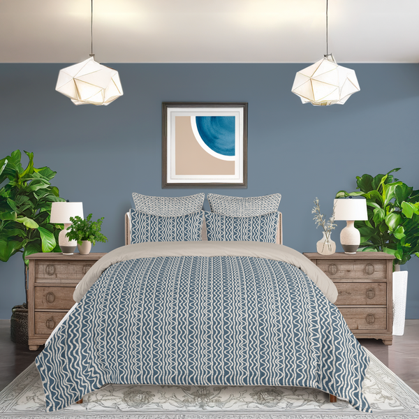 5 Piece Cotton Duvet Cover Set | Ikat Fusion - Sand and Sea