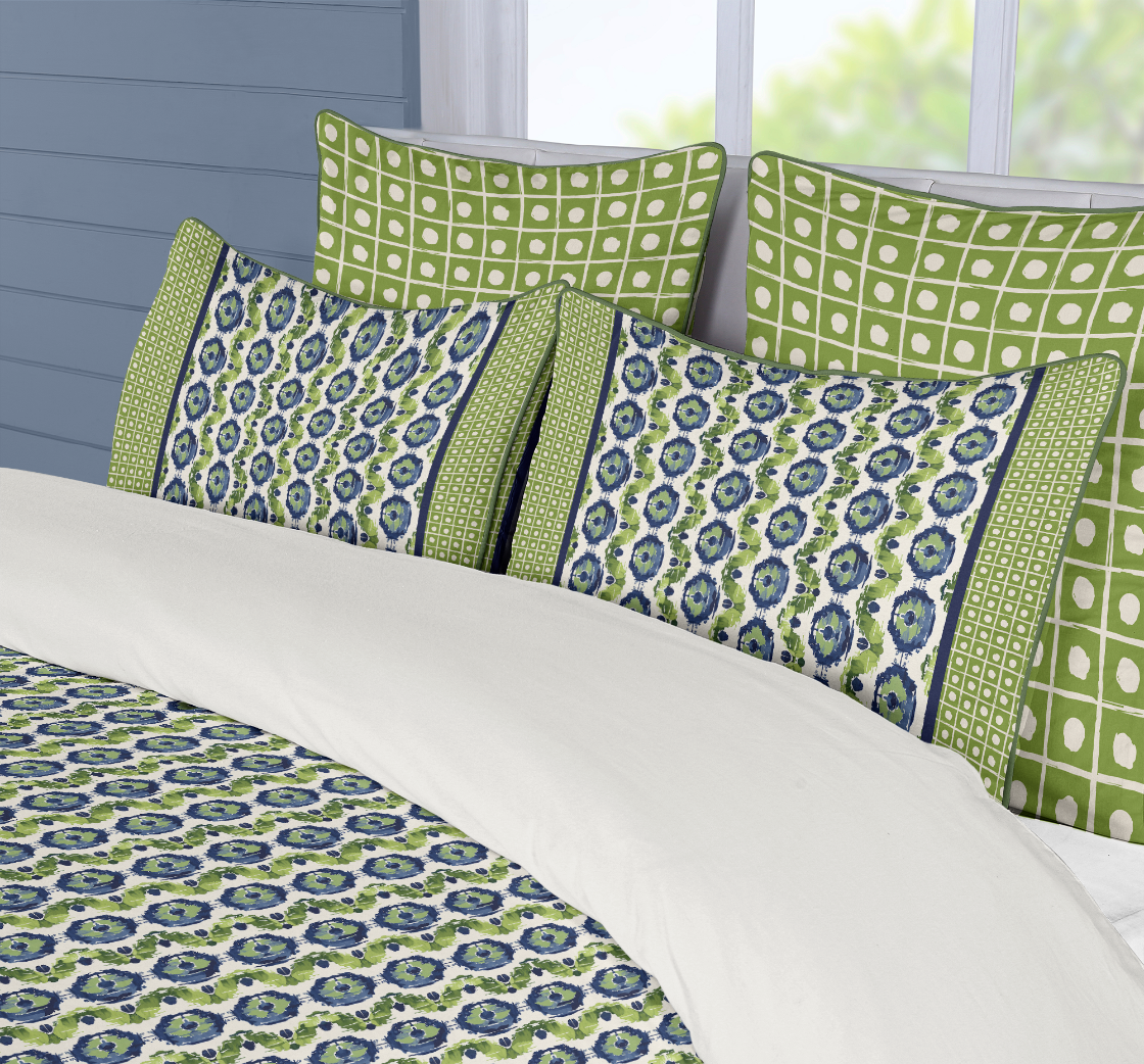 5 Piece Cotton Duvet Cover Set | Ikat Fusion - Vivid Green and Navy Blues