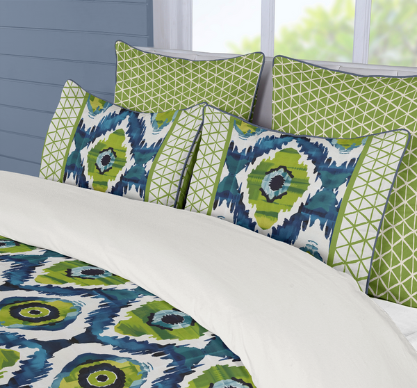 5 Piece Cotton Duvet Cover Set | Ikat Fusion - Vivid Green and Navy Blues
