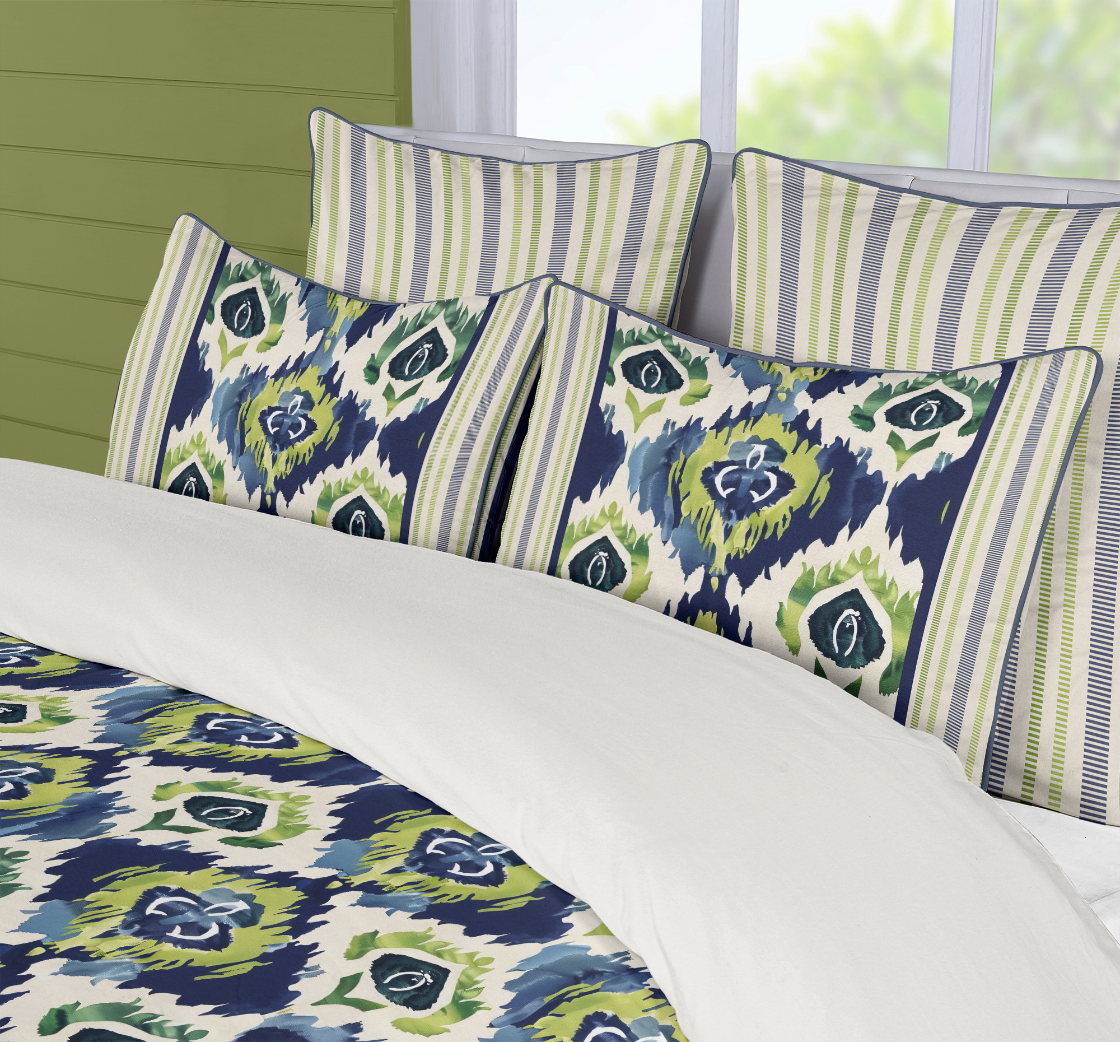 5 Piece Cotton Duvet Cover Set | Ikat Fusion - Vivid Green and Navy Blues