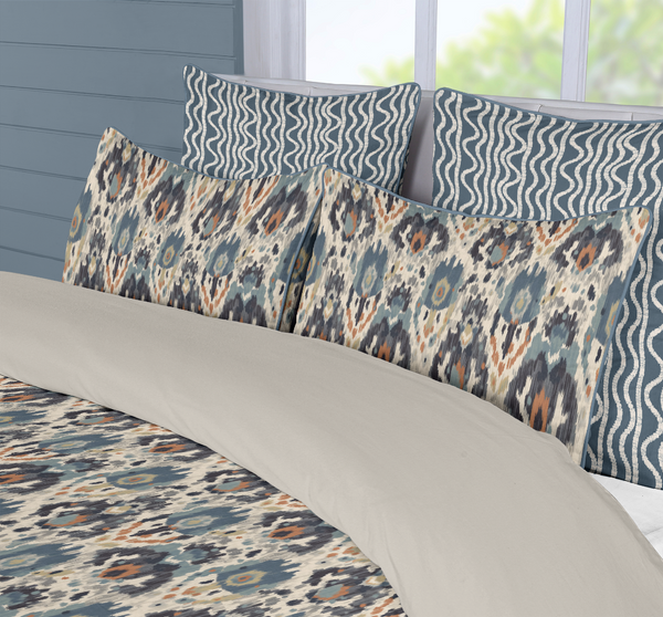 5 Piece Cotton Duvet Cover Set | Ikat Fusion - Sand and Sea