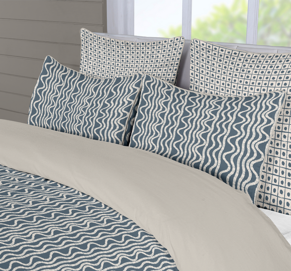 5 Piece Cotton Duvet Cover Set | Ikat Fusion - Sand and Sea