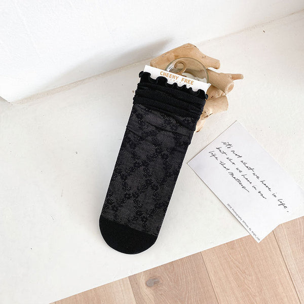 1 pair of socks for women summer thin black middle tube socks Japanese lace ballet style socks mesh breathable pile socks - Gifts for You 'n Me