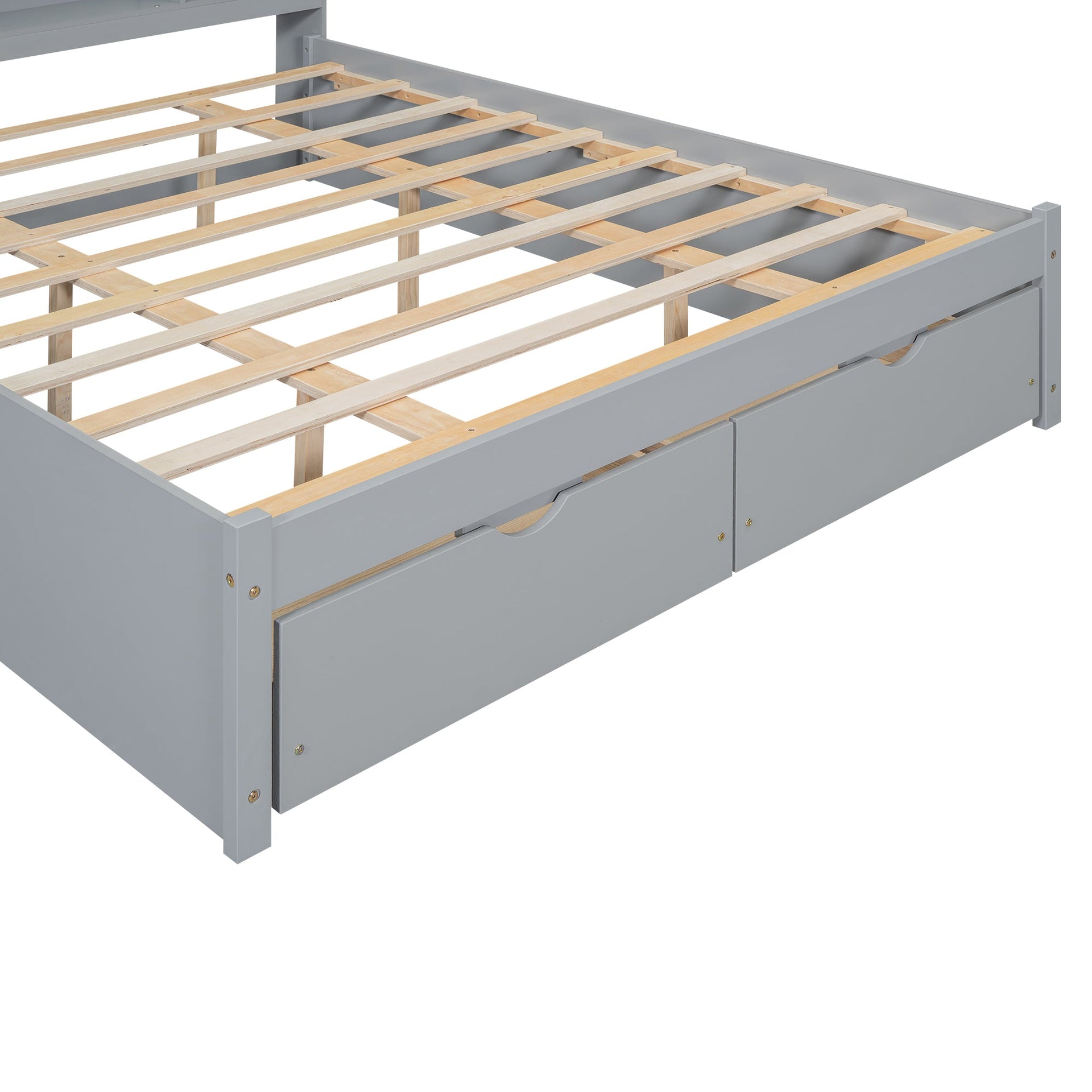 Queen Size Platform Bed with Storage Headboard and 2 Drawers, Gray