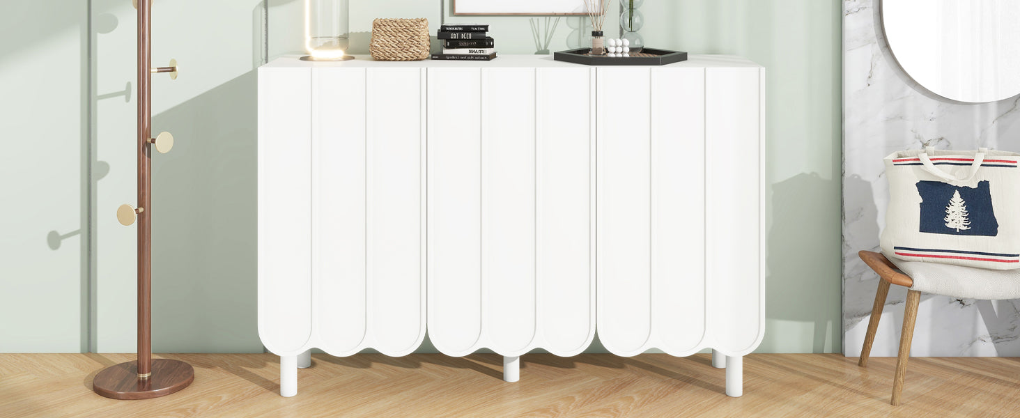 ON-TRANS Cream Style Shoe Cabinet with 5 Adjustable Solid Wood Legs, Large Storage Cabinet with Wave Doors, White