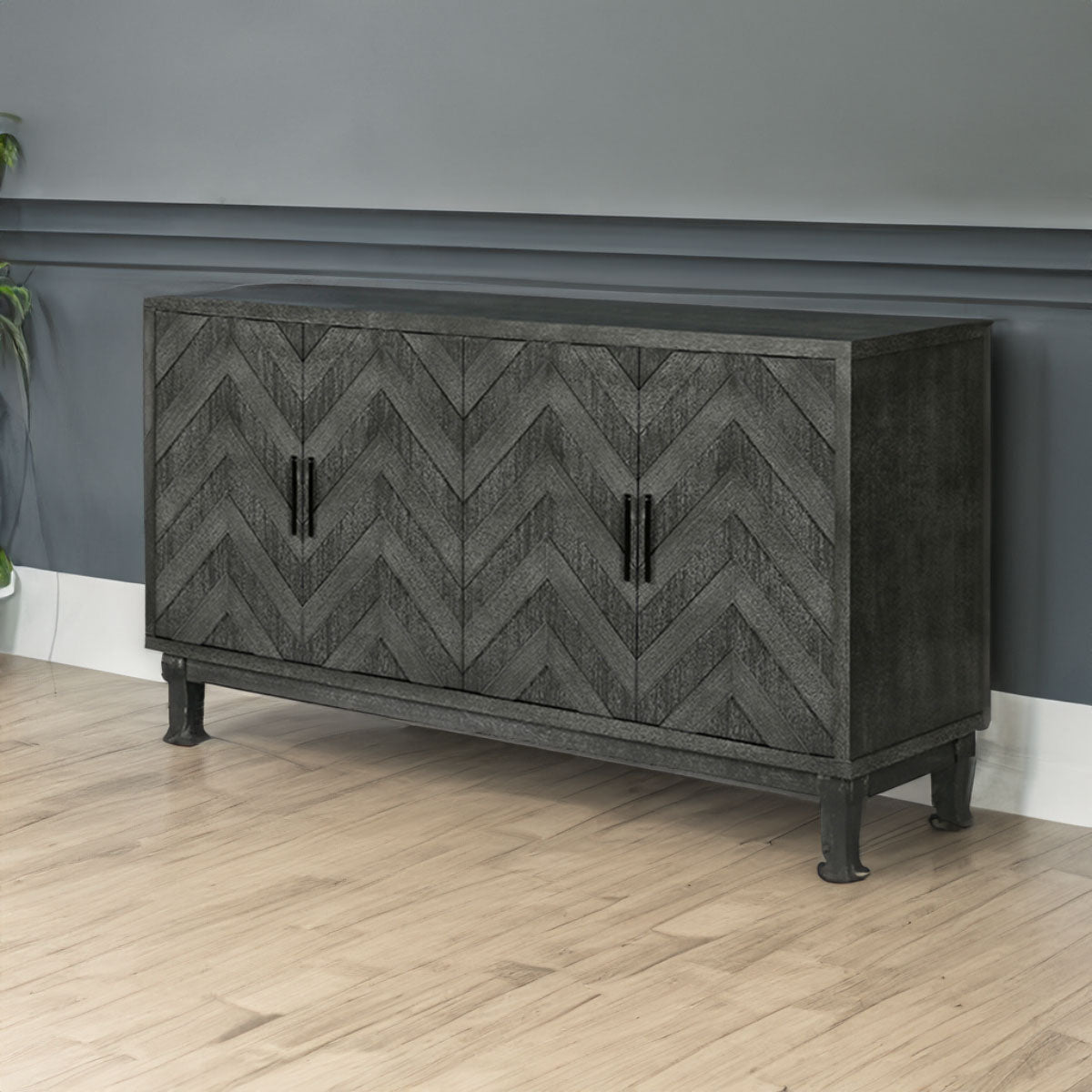 Stronger Vintage Style Buffet Cabinet Lacquered Accent Storage 4 Door Wooden Cabinets Taupe Grey