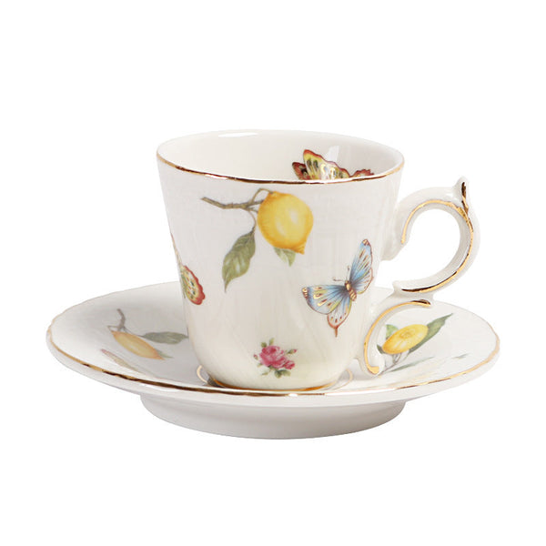 European - style Elegant Lemon Espresso Cups Set: Includes Tea Cups, Saucers, Ceramic Mugs, and a Dessert Plate