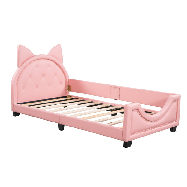 Twin Size Upholstered Daybed with Carton Ears Shaped Headboard  Pink