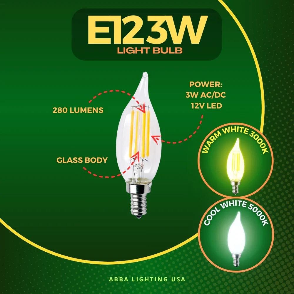 E12 3W LED Filament Candelabra Shape Dimmable Energy Saving 12V Low Voltage Light Bulb