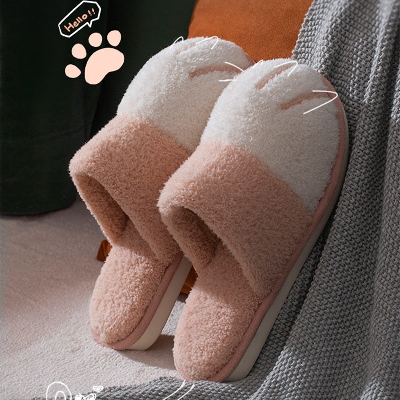 Winter House Warm Fur Slipers For Women Cute Cat paw Designer Bedroom Warm Plush Shoes Non-slip Indoor Women Furry Slippers