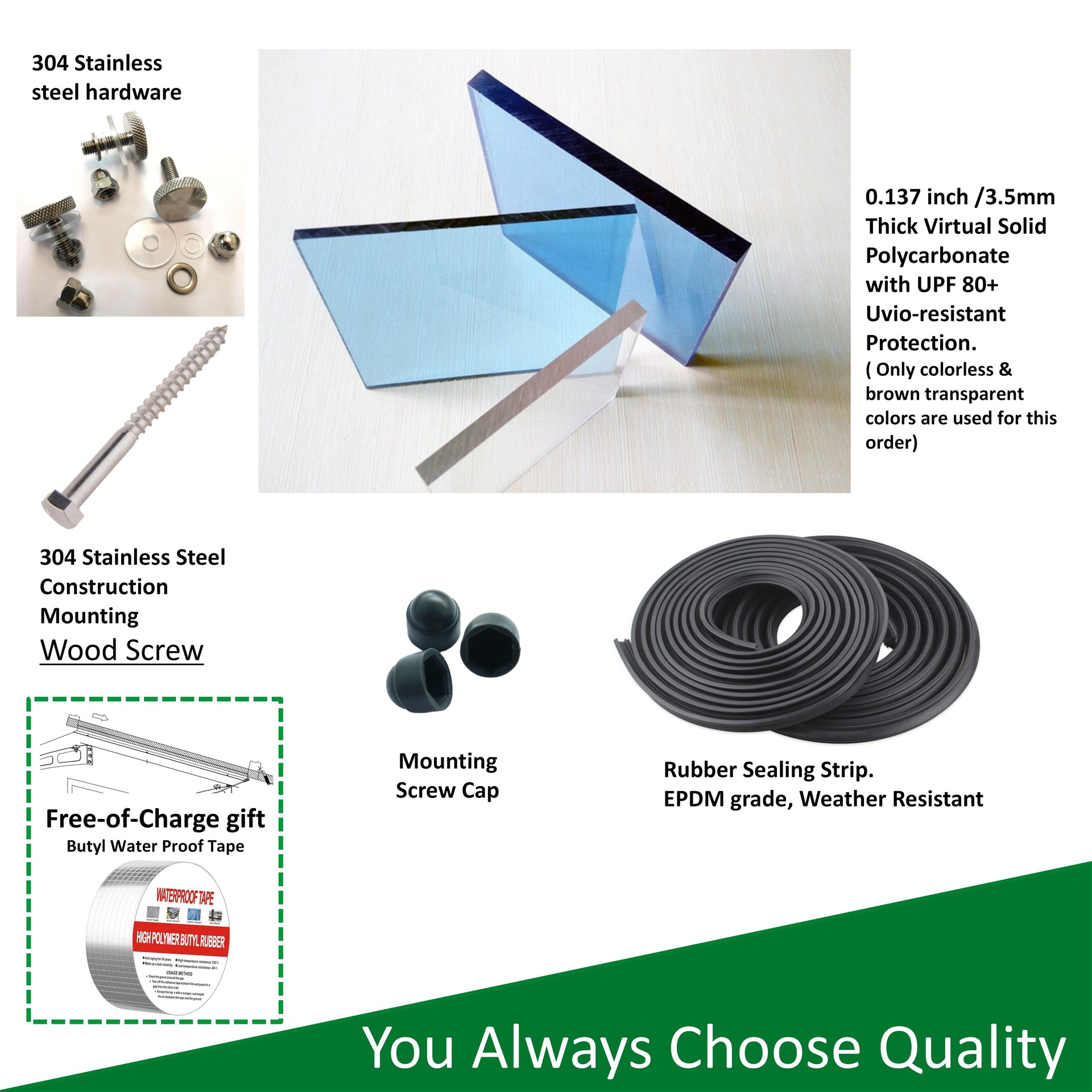 DA5934W Series Door Window Awning Canopy Made of 0.137 Inch Thick Crystal Solid Polycarbonate Sheet in size of 59