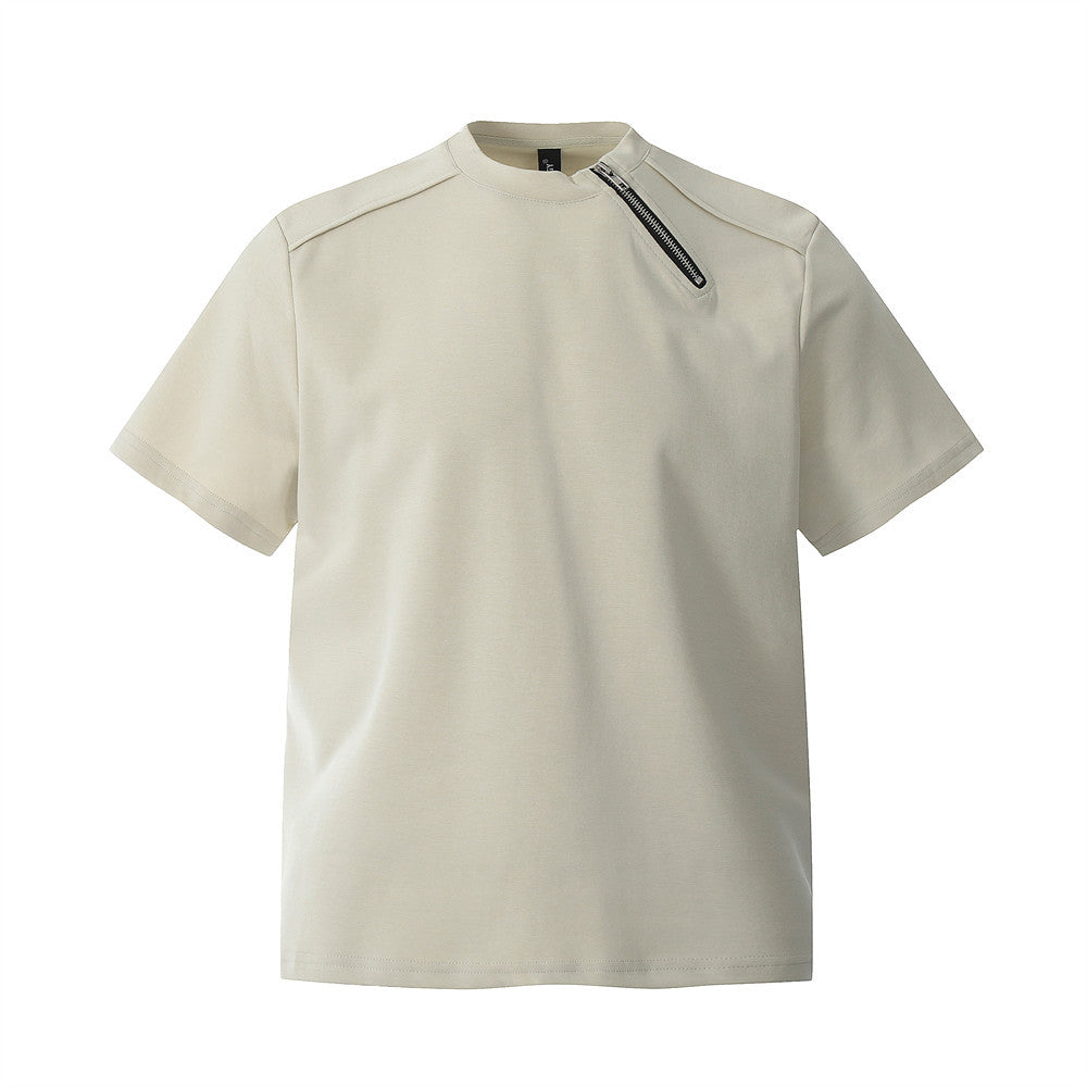 Zipper Design Heavyweight Short Sleeve T-Shirt Men's Loose Round Neck Half Sleeve Tee