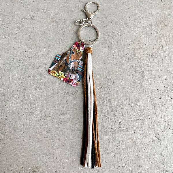 Handmade Popular Jewelry Western Farm Style Leather Keychain Cow Horse Deer Cow Brand Leather Tassels