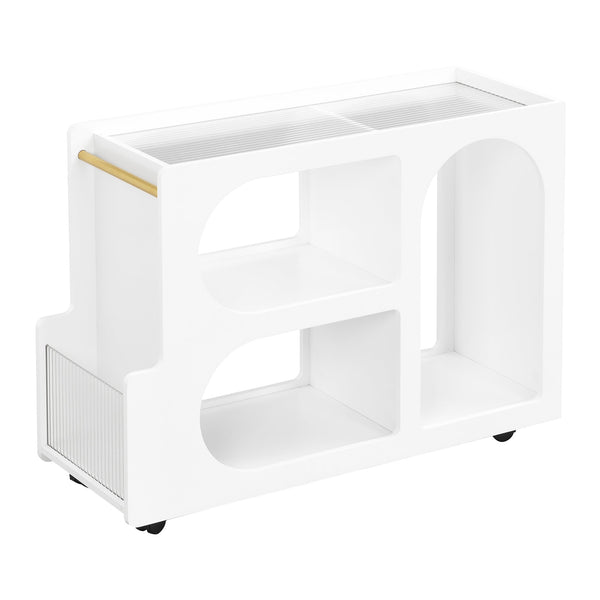 Stylish mobile desk with lockable wheels, white bedside table with 5mm thick grooved tempered glass and gold round bars