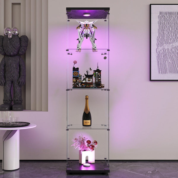 4 LED light glass display cabinets with door shelves, floor standing antique bookshelf, 64.7 