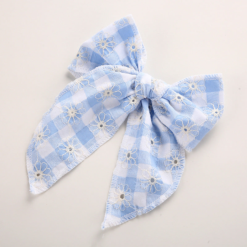 Children's Headwear Girl Plaid Cotton Embroidery Bow Hairpin Big Swallowtail Hairpin