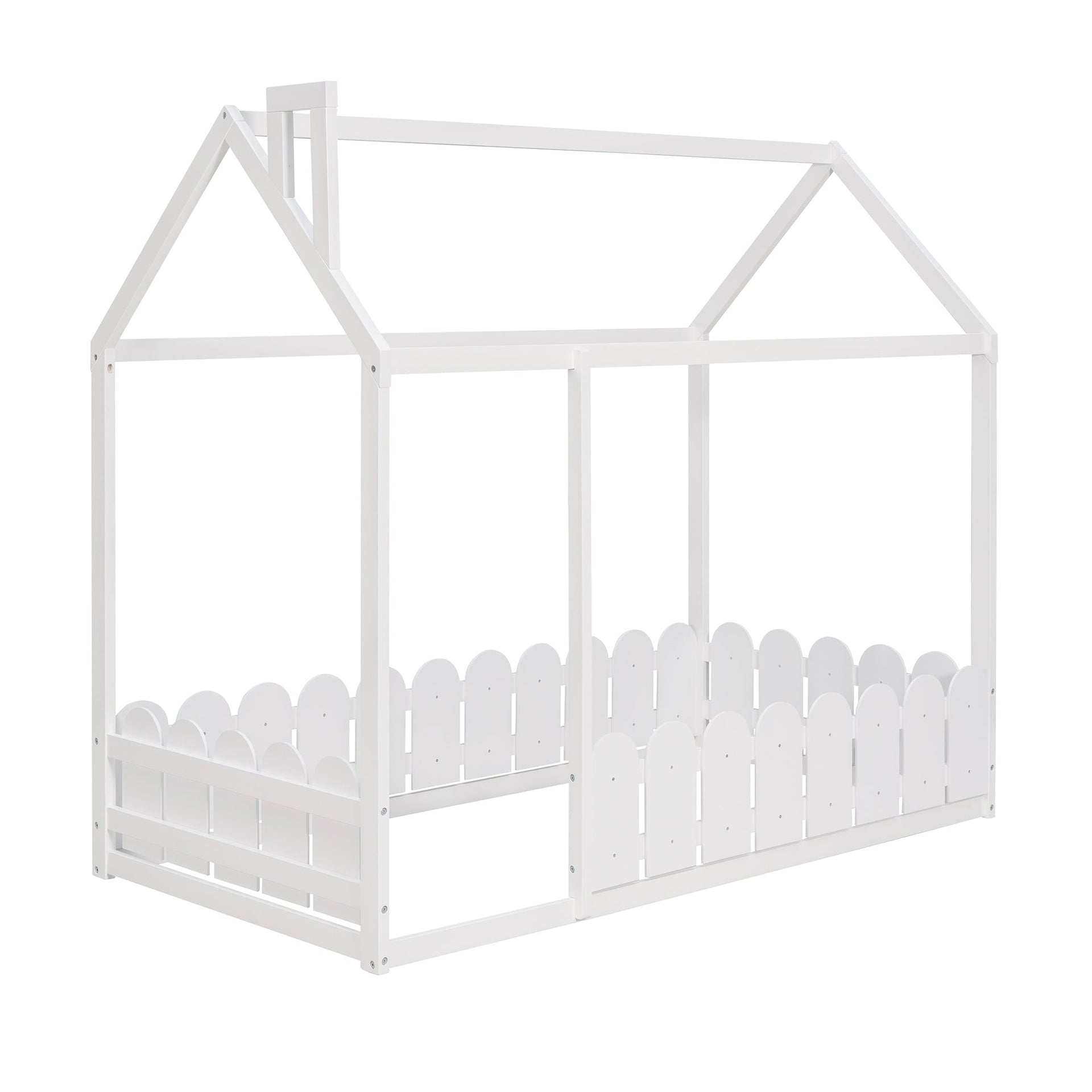 {Slats are not included}Twin Size Wood Bed House Bed Frame with Fence for KidsTeens Girls Boys {White}