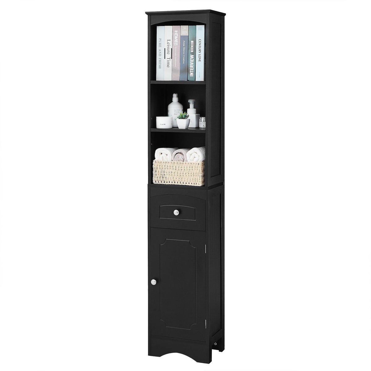 Tall Bathroom Cabinet, Freestanding Storage Cabinet with Drawer, MDF Board, Adjustable Shelf, Black