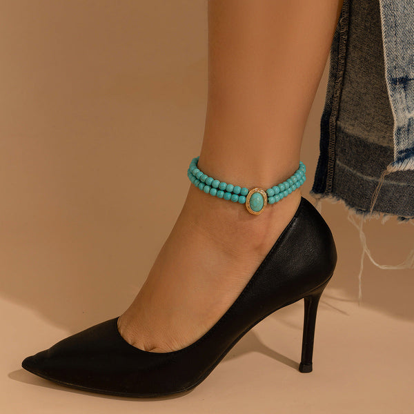 White anklets double-layer ankle bracelet with high-end and personalized bead, turquoise imitation pearl ankle chain