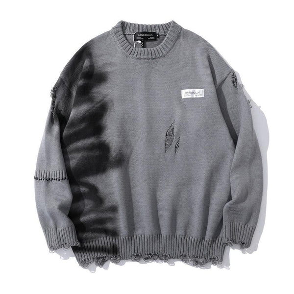 Graffiti Print Crew Neck Knit Sweater Men's Loose Fit Pullover with Hem Holes Street Style Trendy Design